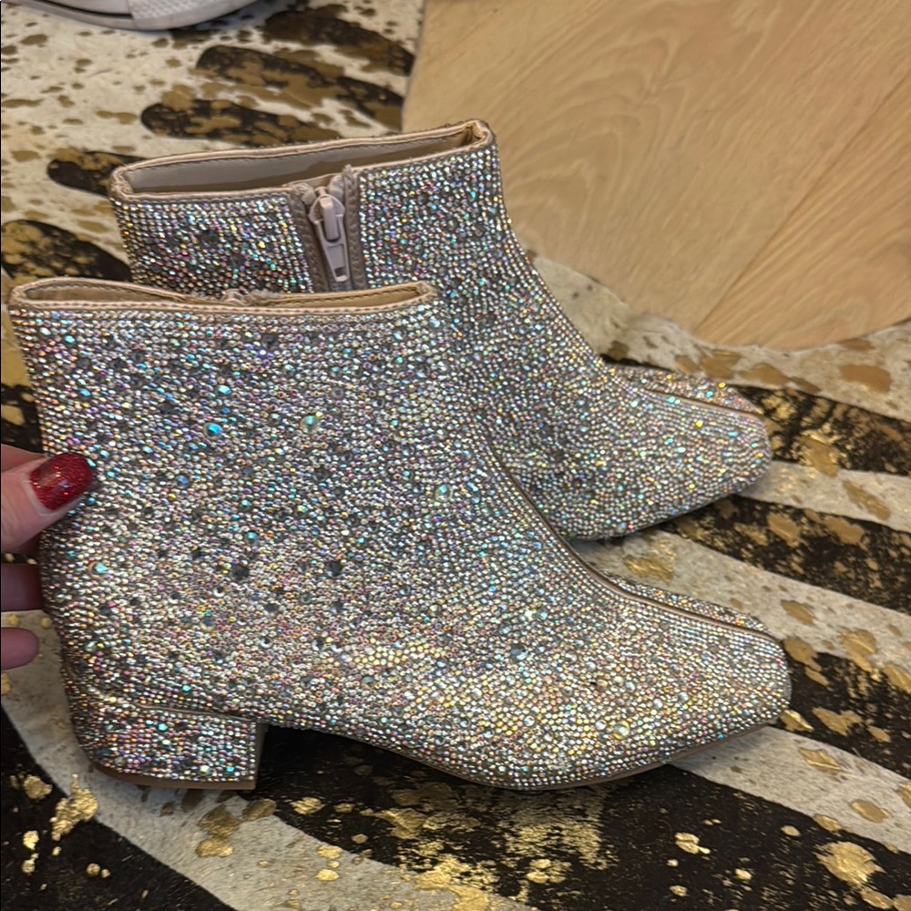 Betsey Johnson Silver Dress Shoes with Sparkling Crystals and Chunky Heel